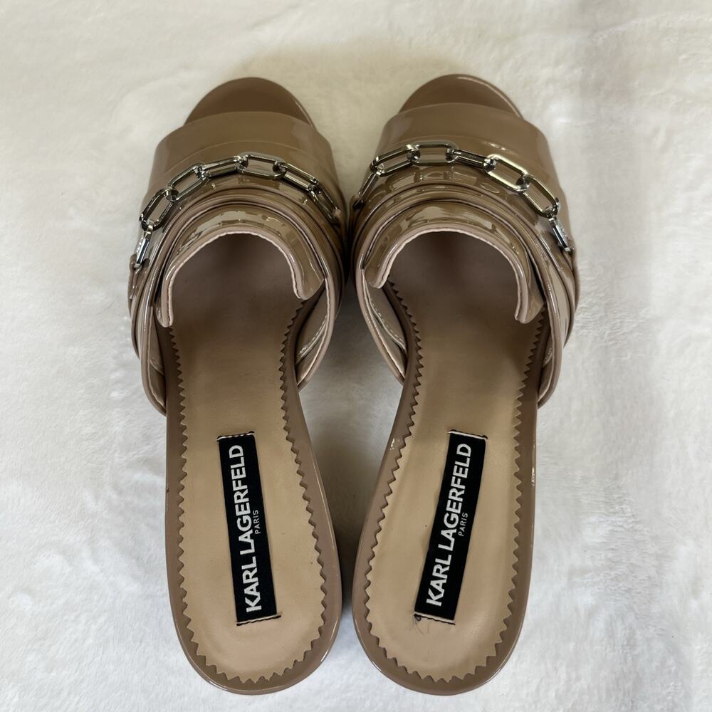 2pr Karl Lagerfeld Paris Mules Haley Patent Leather Black/Nude Chain Link Sz 10 - Picture 6 of 16